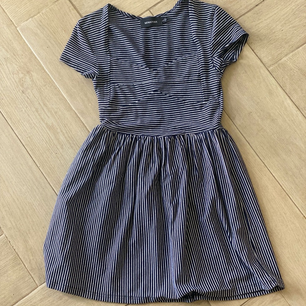 Minkpink navy and white stripped mini dress, Small